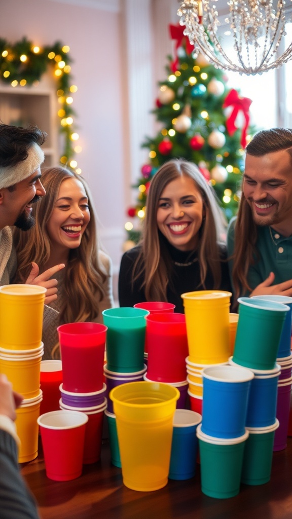 Fun Christmas Party Cup Games Friends enjoying cup games at a Christmas party with colorful cups and festive decorations.